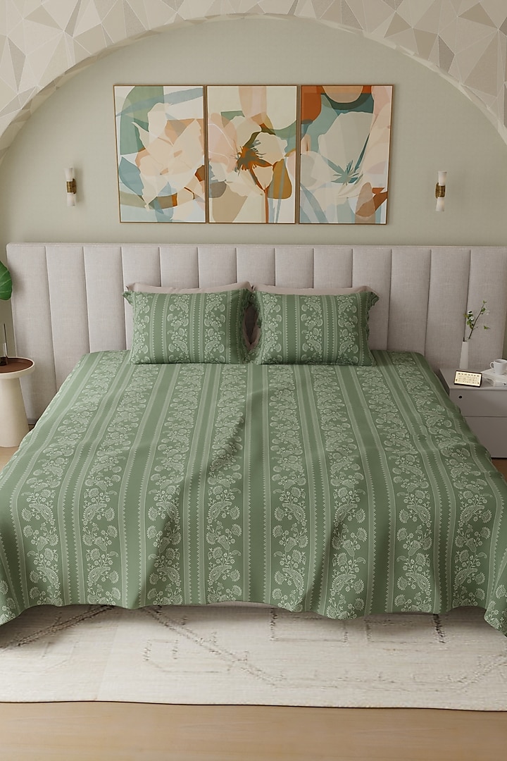 Dark Green Cotton Printed Bedsheet Set Of 3 by HOUMN