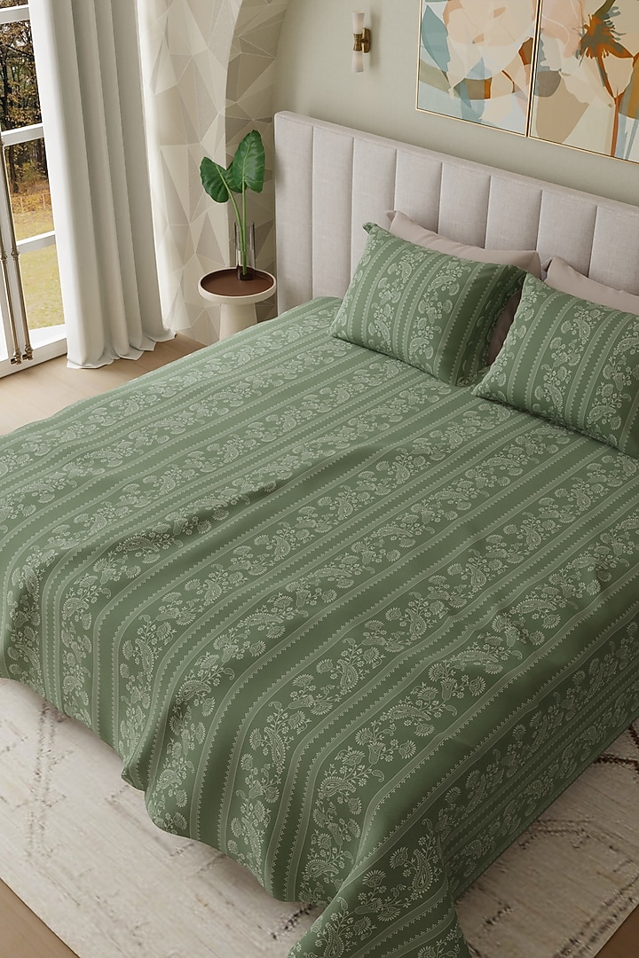 Dark Green Cotton Printed Bedsheet Set Of 3 by HOUMN at Pernia's Pop Up Shop