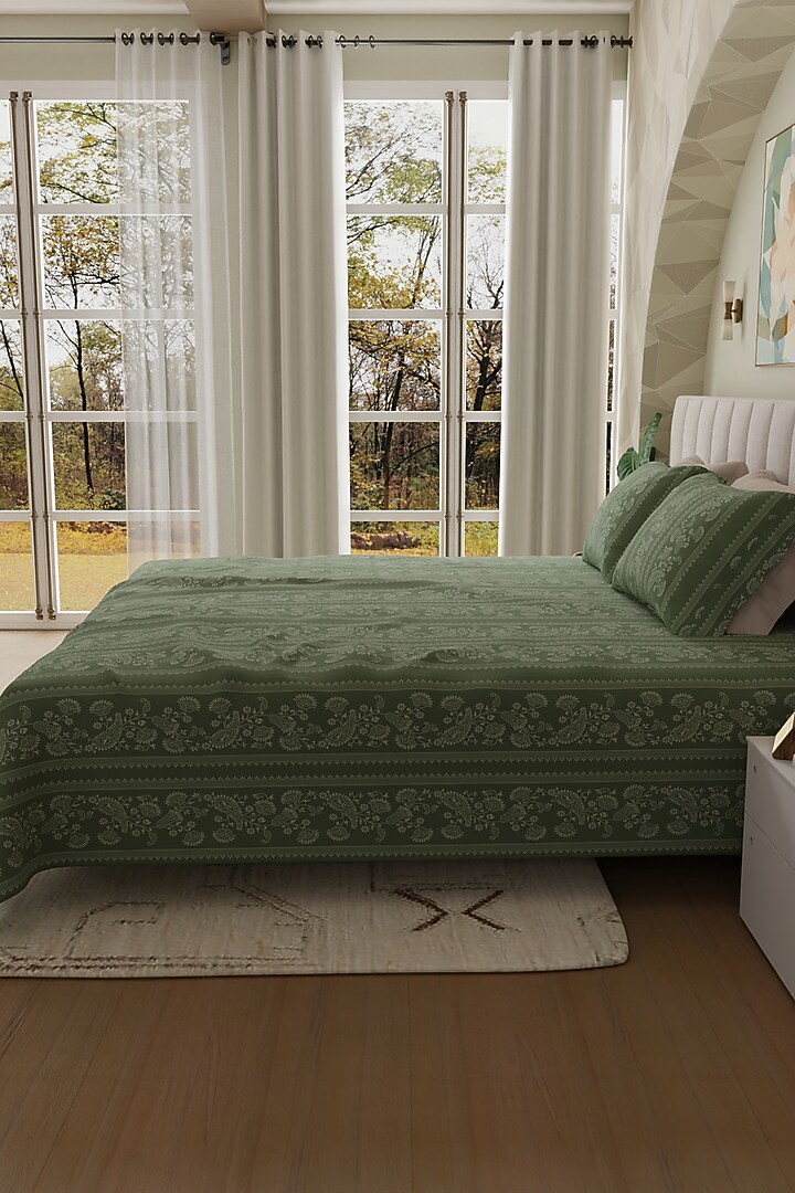 Dark Green Cotton Printed Bedsheet Set Of 3 by HOUMN at Pernia's Pop Up Shop