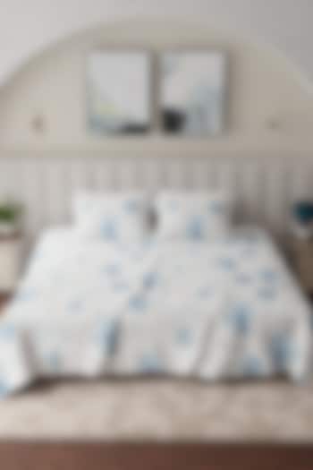 White & Blue Cotton Printed Bedsheet Set Of 3 by HOUMN at Pernia's Pop Up Shop