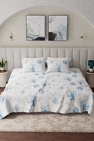 White & Blue Cotton Printed Bedsheet Set Of 3 by HOUMN