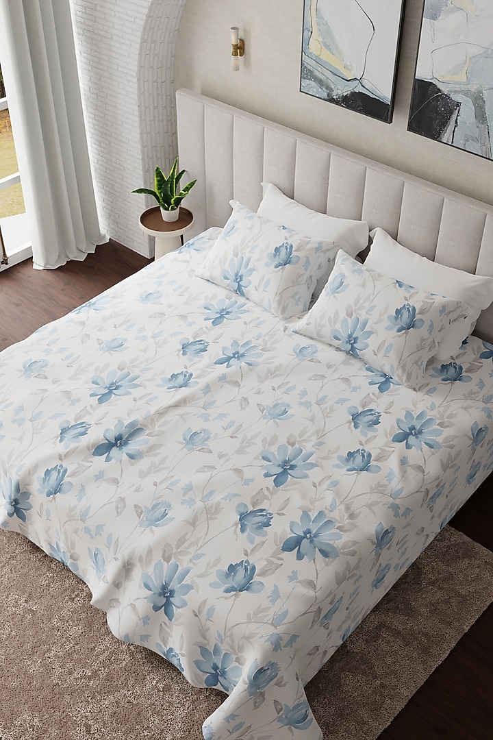 White & Blue Cotton Printed Bedsheet Set Of 3 by HOUMN at Pernia's Pop Up Shop