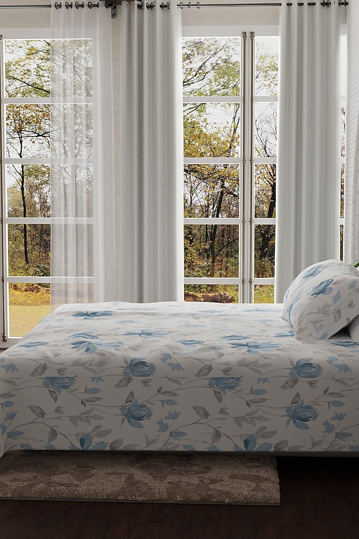 White & Blue Cotton Printed Bedsheet Set Of 3 by HOUMN at Pernia's Pop Up Shop