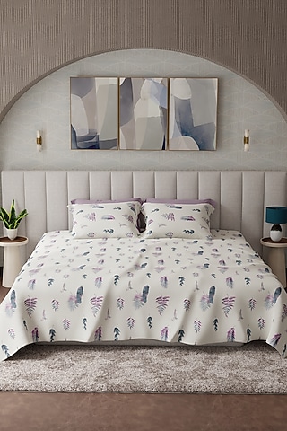 White & Purple Cotton Printed Bedsheet Set Of 3 by HOUMN