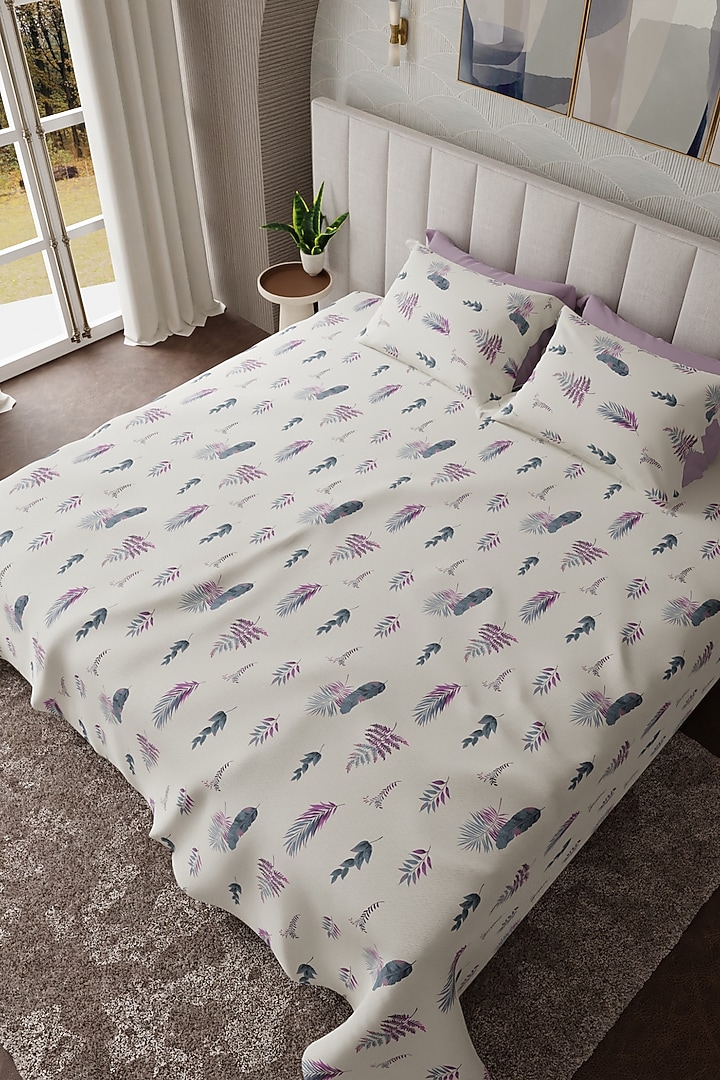 White & Purple Cotton Printed Bedsheet Set Of 3 by HOUMN at Pernia's Pop Up Shop