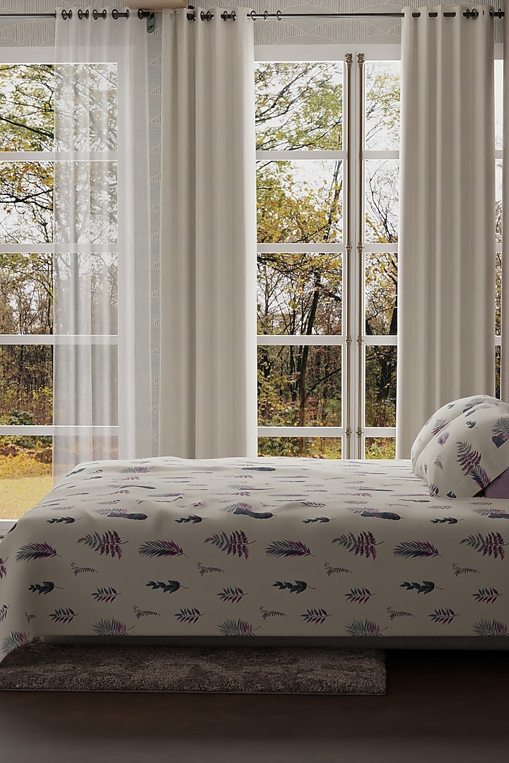 White & Purple Cotton Printed Bedsheet Set Of 3 by HOUMN at Pernia's Pop Up Shop