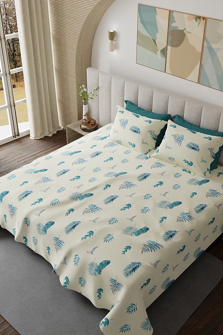 White & Blue Cotton Printed Bedsheet Set Of 3 by HOUMN at Pernia's Pop Up Shop