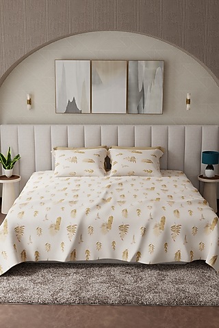 Yellow & White Cotton Printed Bedsheet Set Of 3 by HOUMN