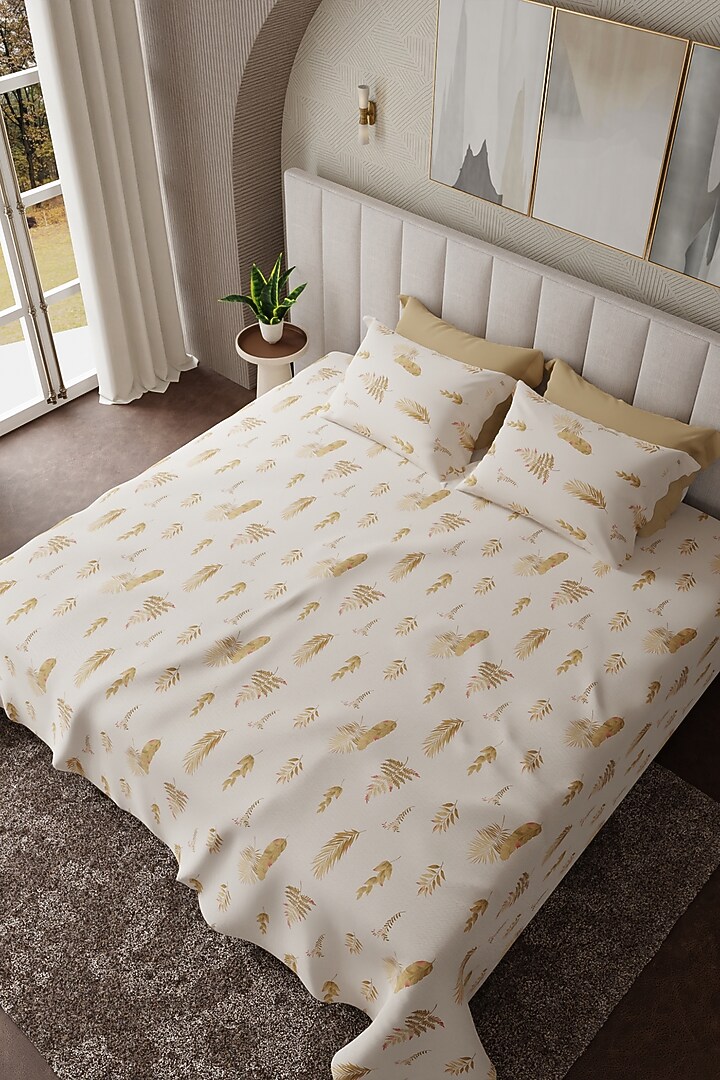 Yellow & White Cotton Printed Bedsheet Set Of 3 by HOUMN at Pernia's Pop Up Shop