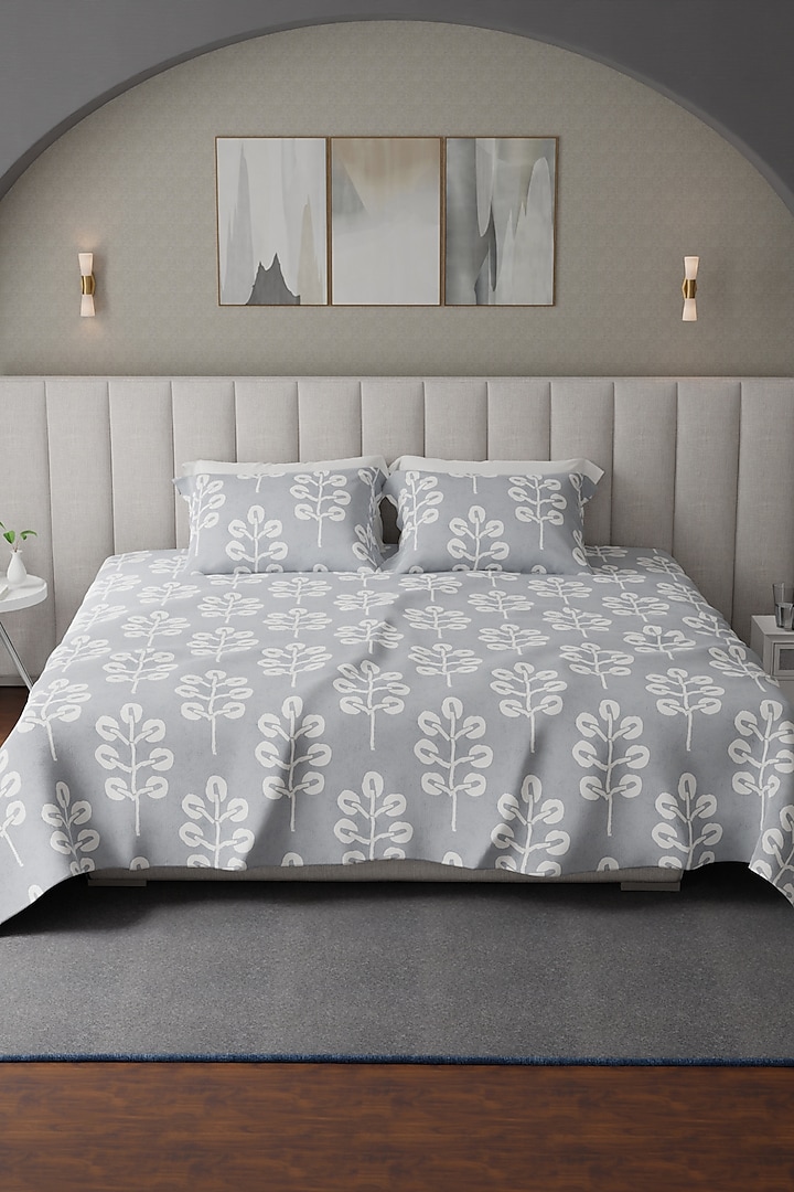 Silver Grey & White Cotton Printed Bedsheet Set Of 3 by HOUMN