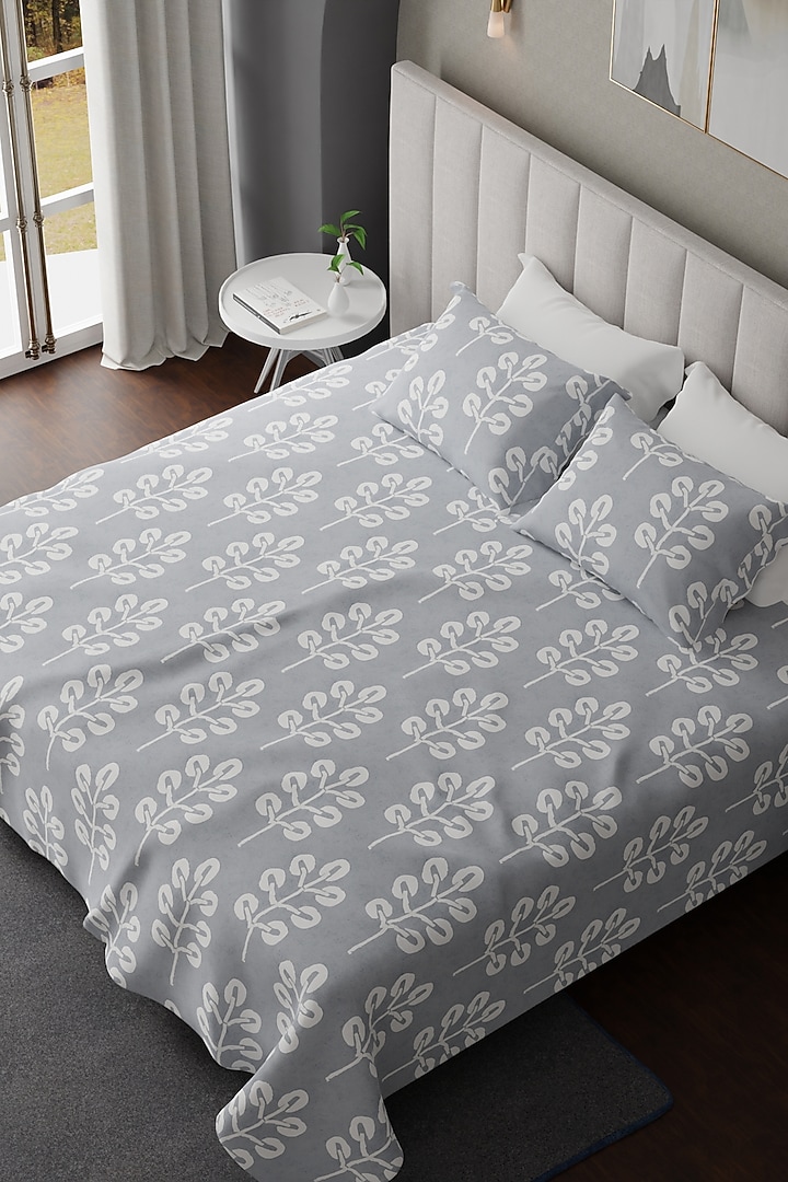 Silver Grey & White Cotton Printed Bedsheet Set Of 3 by HOUMN at Pernia's Pop Up Shop