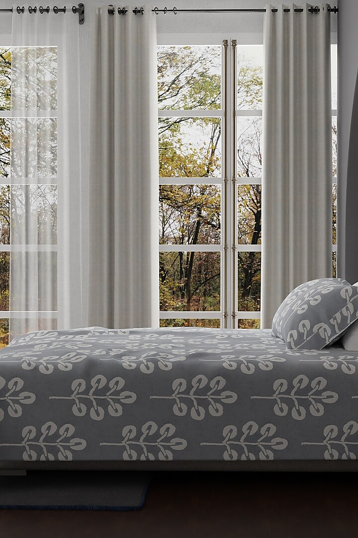 Silver Grey & White Cotton Printed Bedsheet Set Of 3 by HOUMN at Pernia's Pop Up Shop