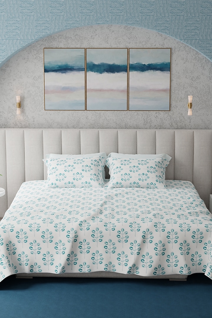 White & Aqua Blue Cotton Printed Bedsheet Set Of 3 by HOUMN