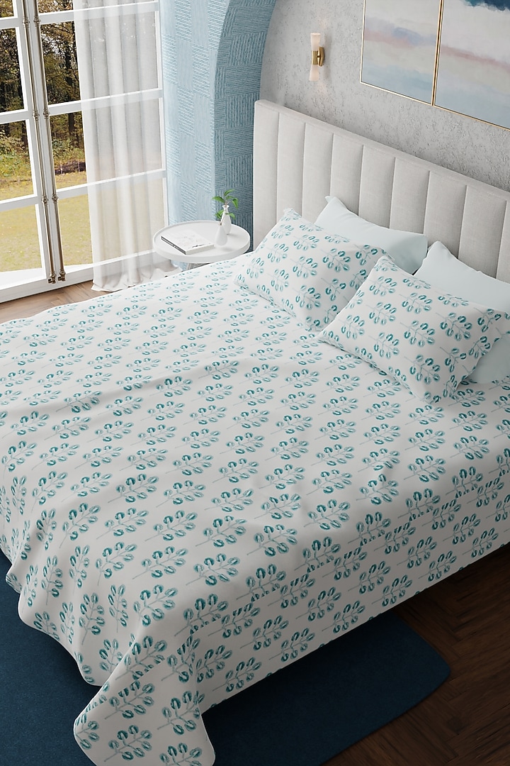 White & Aqua Blue Cotton Printed Bedsheet Set Of 3 by HOUMN at Pernia's Pop Up Shop
