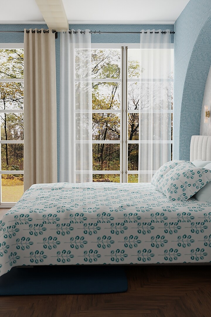 White & Aqua Blue Cotton Printed Bedsheet Set Of 3 by HOUMN at Pernia's Pop Up Shop