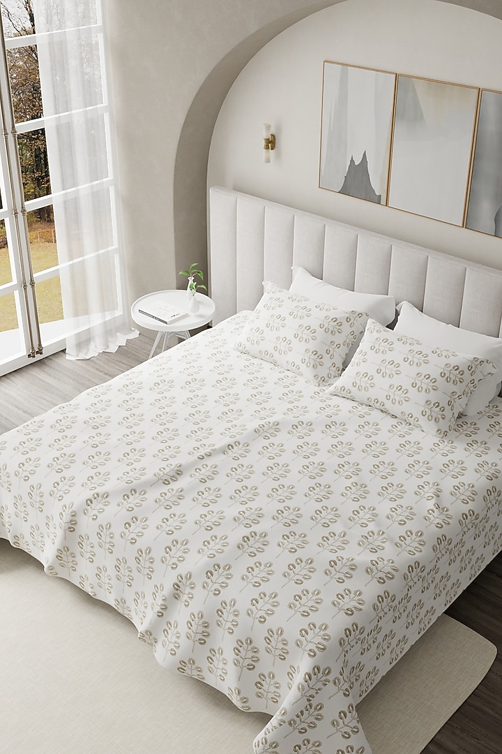 White & Brown Cotton Printed Bedsheet Set Of 3 by HOUMN at Pernia's Pop Up Shop