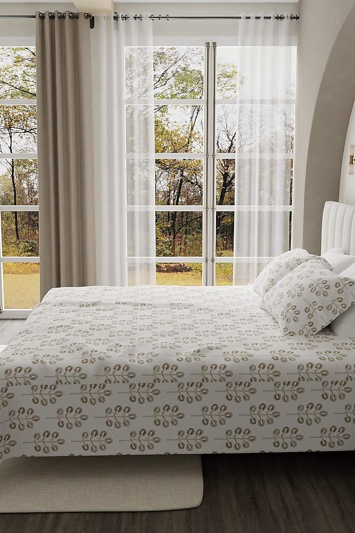 White & Brown Cotton Printed Bedsheet Set Of 3 by HOUMN at Pernia's Pop Up Shop