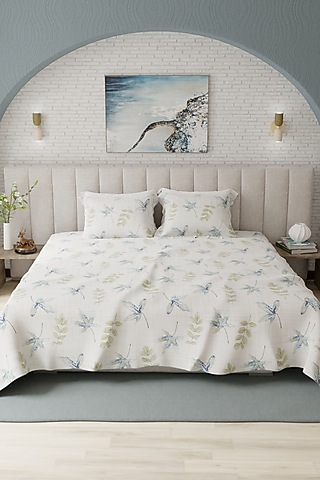 White Cotton Multi-Colored Printed Bedsheet Set Of 3 by HOUMN