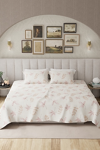 Pink & Yellow Cotton Printed Bedsheet Set Of 3 by HOUMN