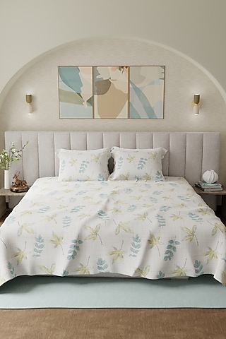 Blue & Yellow Cotton Printed Bedsheet Set Of 3 by HOUMN