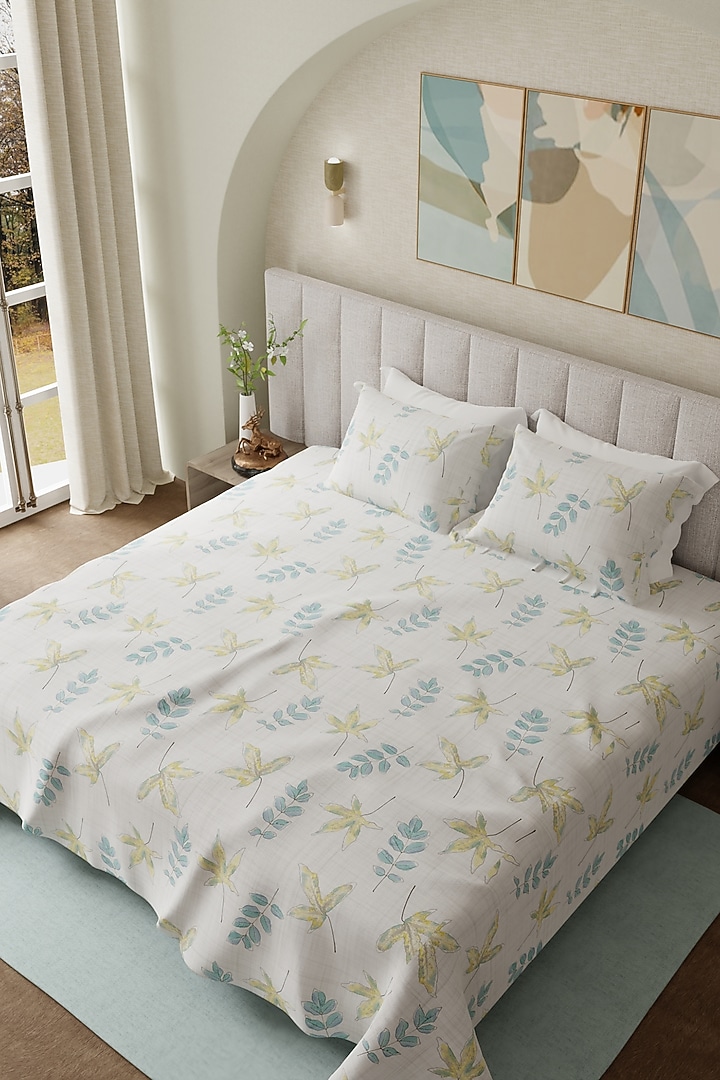 Blue & Yellow Cotton Printed Bedsheet Set Of 3 by HOUMN at Pernia's Pop Up Shop