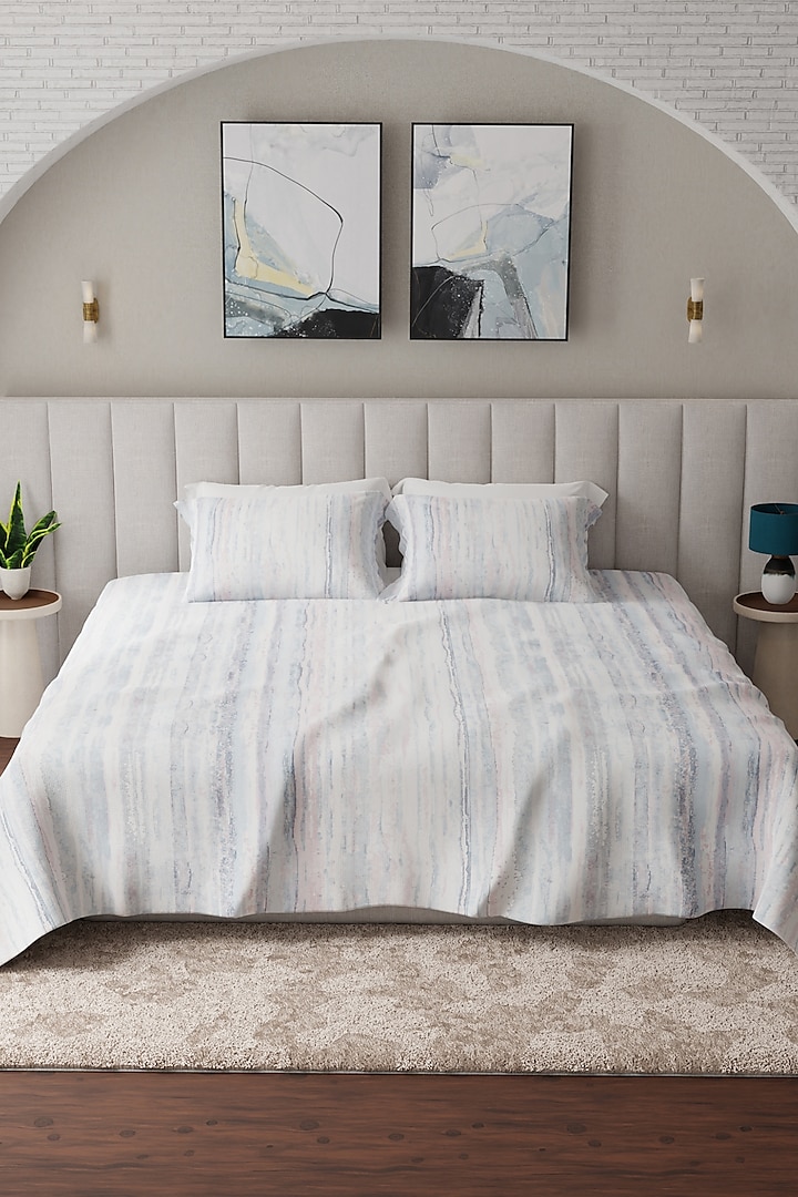 White & Blue Cotton Printed Bedsheet Set Of 3 by HOUMN at Pernia's Pop Up Shop