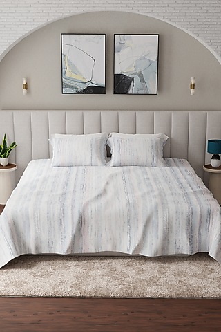 White & Blue Cotton Printed Bedsheet Set Of 3 by HOUMN