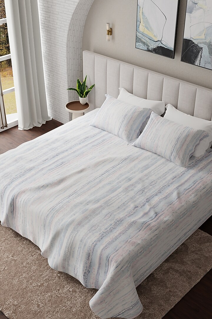 White & Blue Cotton Printed Bedsheet Set Of 3 by HOUMN at Pernia's Pop Up Shop