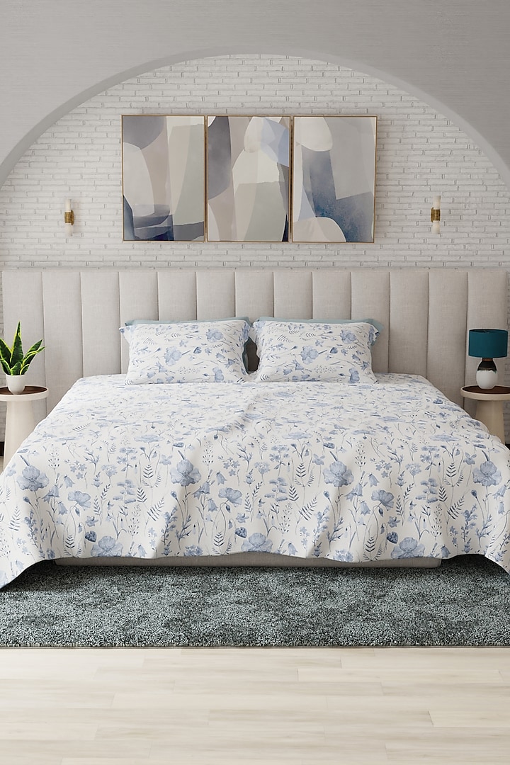 Blue & White Cotton Floral Printed Bedsheet Set Of 3 by HOUMN at Pernia's Pop Up Shop