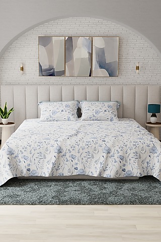 Blue & White Cotton Floral Printed Bedsheet Set Of 3 by HOUMN