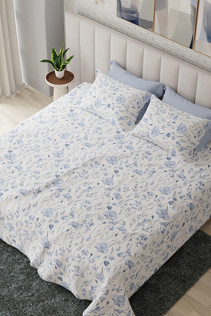 Blue & White Cotton Floral Printed Bedsheet Set Of 3 by HOUMN at Pernia's Pop Up Shop