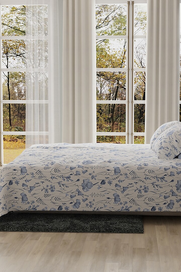 Blue & White Cotton Floral Printed Bedsheet Set Of 3 by HOUMN at Pernia's Pop Up Shop