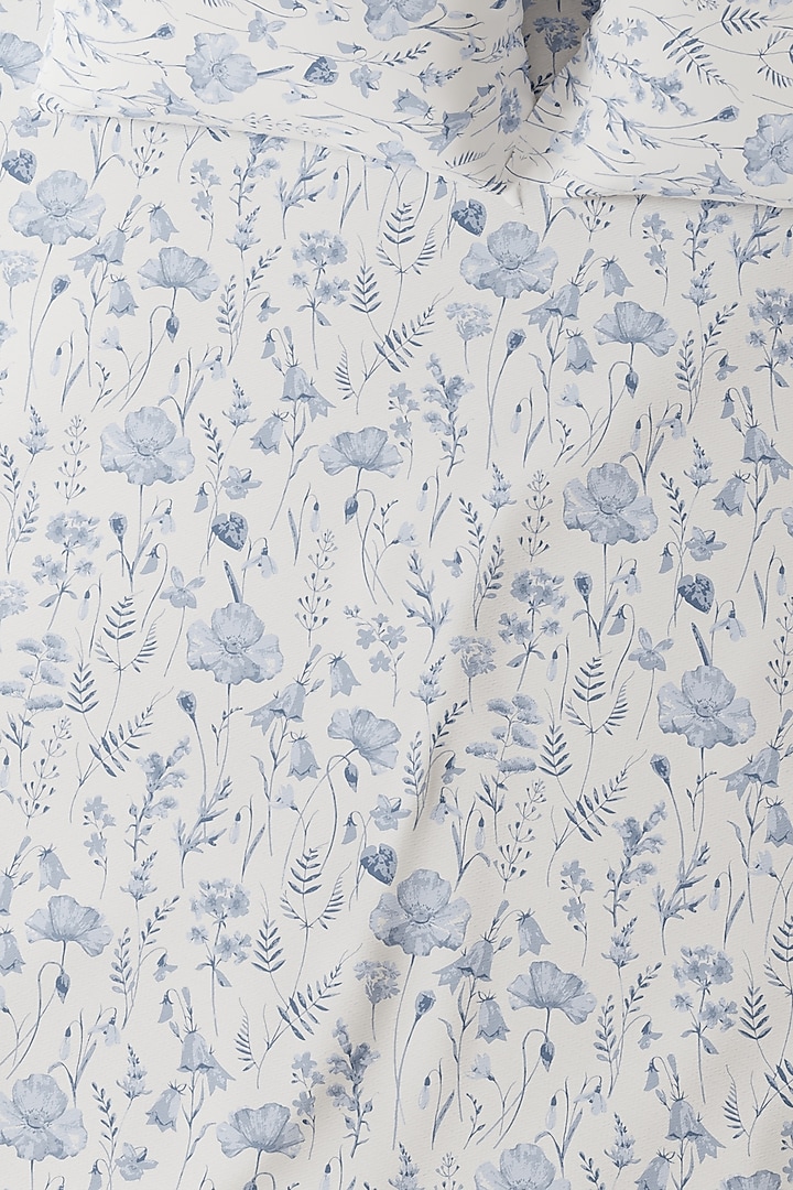 Blue & White Cotton Floral Printed Bedsheet Set Of 3 by HOUMN at Pernia's Pop Up Shop