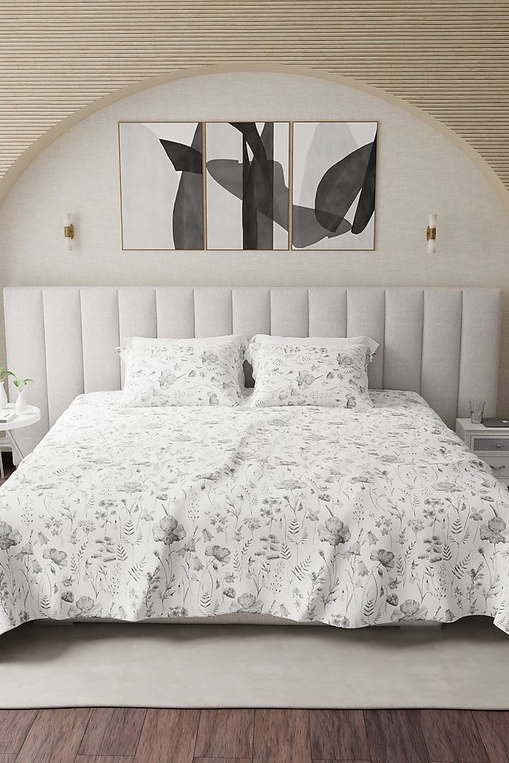 Grey & White Cotton Floral Printed Bedsheet Set Of 3 by HOUMN at Pernia's Pop Up Shop