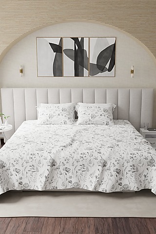 Grey & White Cotton Floral Printed Bedsheet Set Of 3 by HOUMN