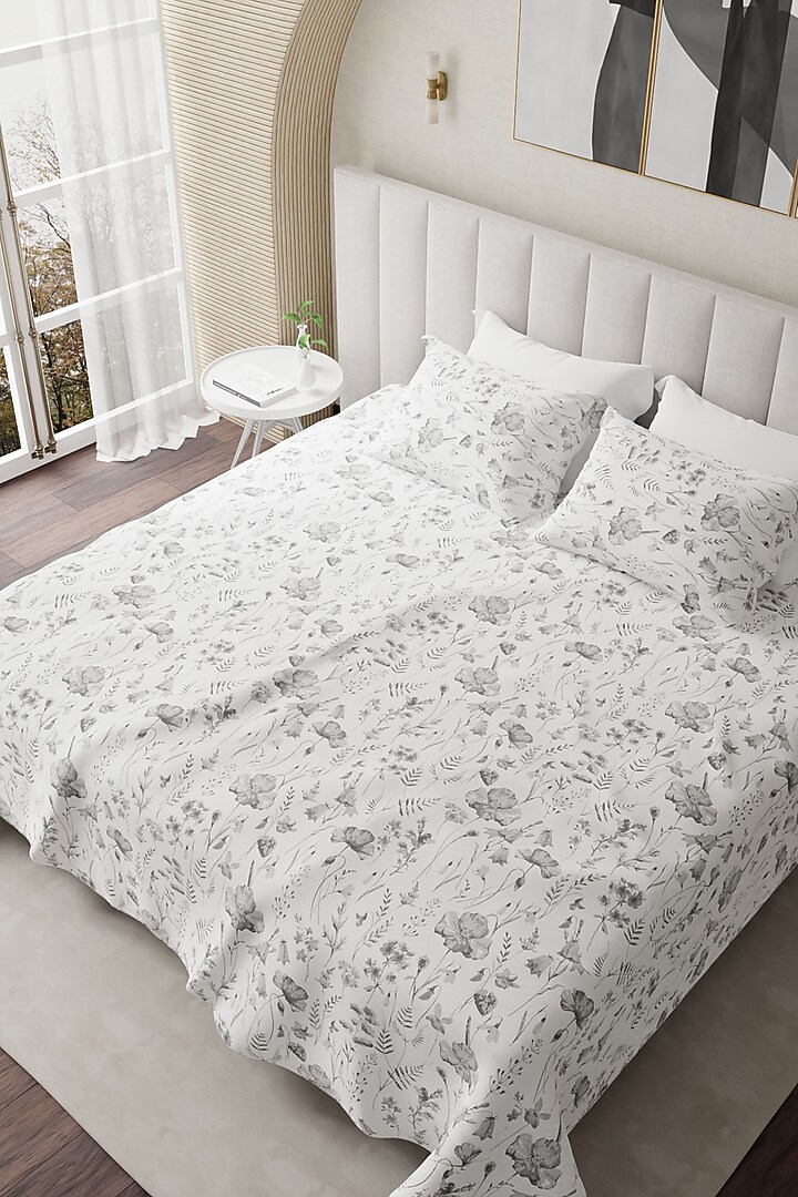 Grey & White Cotton Floral Printed Bedsheet Set Of 3 by HOUMN at Pernia's Pop Up Shop