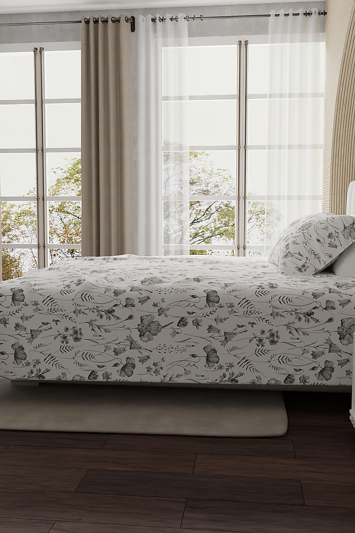 Grey & White Cotton Floral Printed Bedsheet Set Of 3 by HOUMN at Pernia's Pop Up Shop