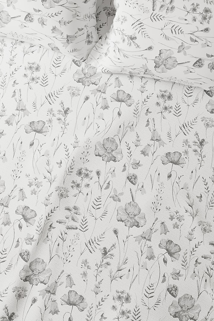 Grey & White Cotton Floral Printed Bedsheet Set Of 3 by HOUMN at Pernia's Pop Up Shop