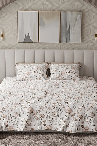 Brown & White Cotton Floral Printed Bedsheet Set Of 3 by HOUMN