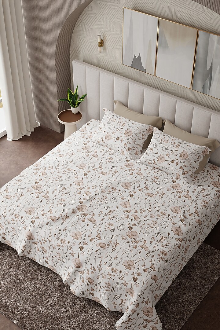 Brown & White Cotton Floral Printed Bedsheet Set Of 3 by HOUMN at Pernia's Pop Up Shop