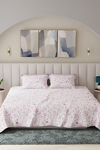 Pink & White Cotton Floral Printed Bedsheet Set Of 3 by HOUMN