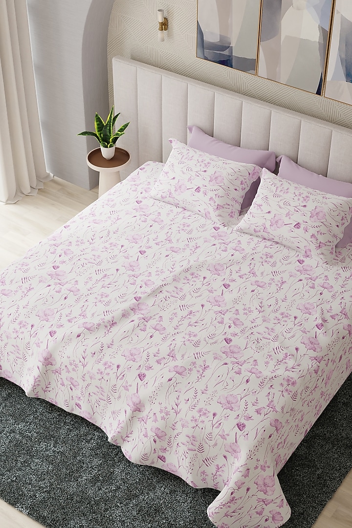 Pink & White Cotton Floral Printed Bedsheet Set Of 3 by HOUMN at Pernia's Pop Up Shop