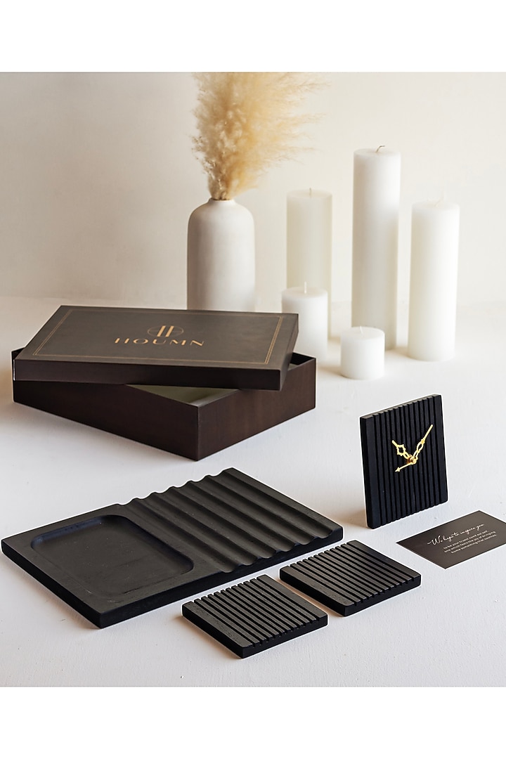 Brown Acacia Wood Gift Hamper (Set Of 5) by HOUMN at Pernia's Pop Up Shop