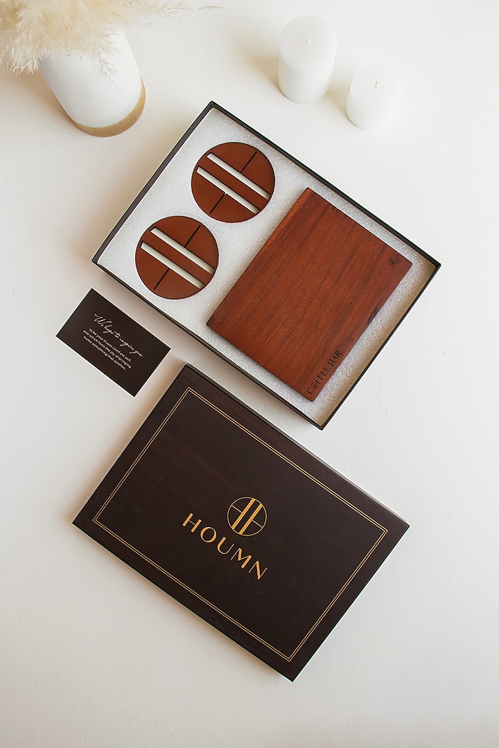 Wooden Brown Acacia Wood Gift Hamper (Set Of 4) by HOUMN