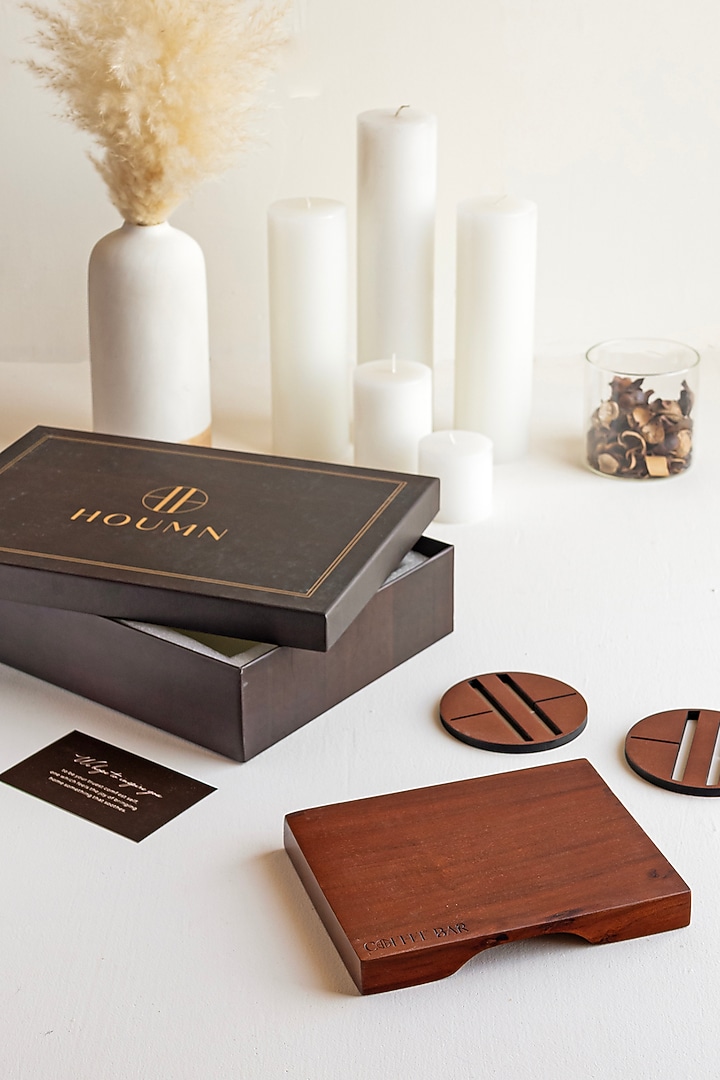 Wooden Brown Acacia Wood Gift Hamper (Set Of 4) by HOUMN at Pernia's Pop Up Shop