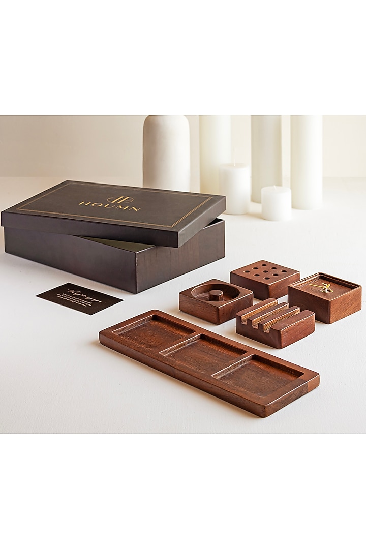 Wooden Brown Acacia Wood Gift Hamper (Set Of 6) by HOUMN at Pernia's Pop Up Shop