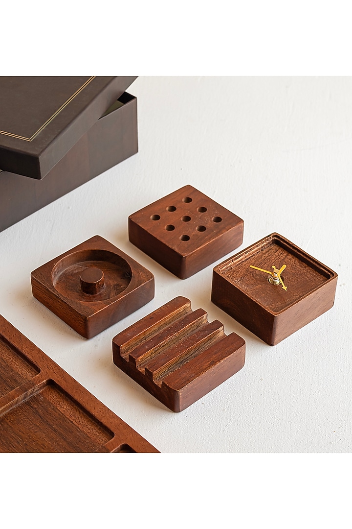 Wooden Brown Acacia Wood Gift Hamper (Set Of 6) by HOUMN at Pernia's Pop Up Shop