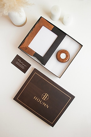 Black & Brown Acacia Wood Gift Hamper (Set Of 3) by HOUMN