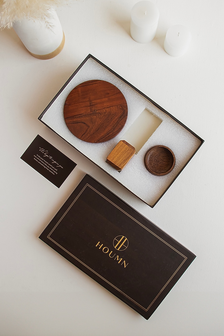 Wooden Brown Acacia Wood Gift Hamper (Set Of 4) by HOUMN at Pernia's Pop Up Shop