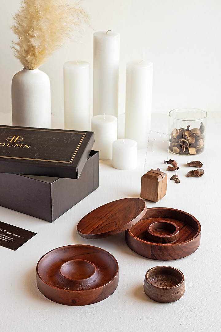 Wooden Brown Acacia Wood Gift Hamper (Set Of 4) by HOUMN at Pernia's Pop Up Shop